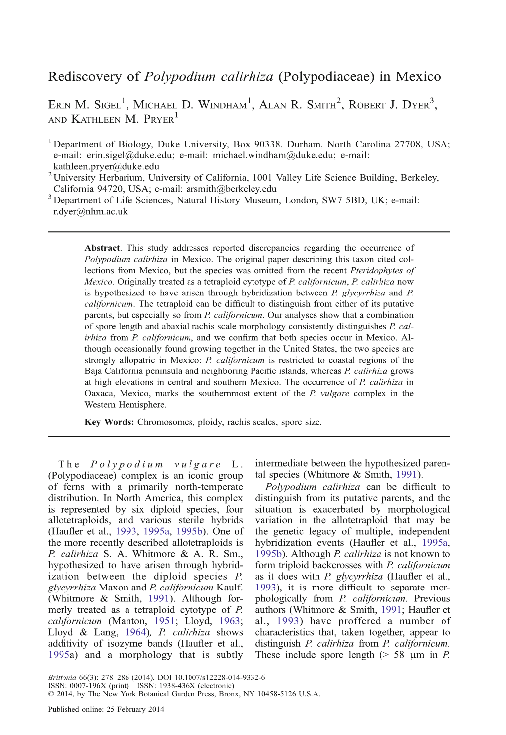 Rediscovery of Polypodium Calirhiza (Polypodiaceae) in Mexico