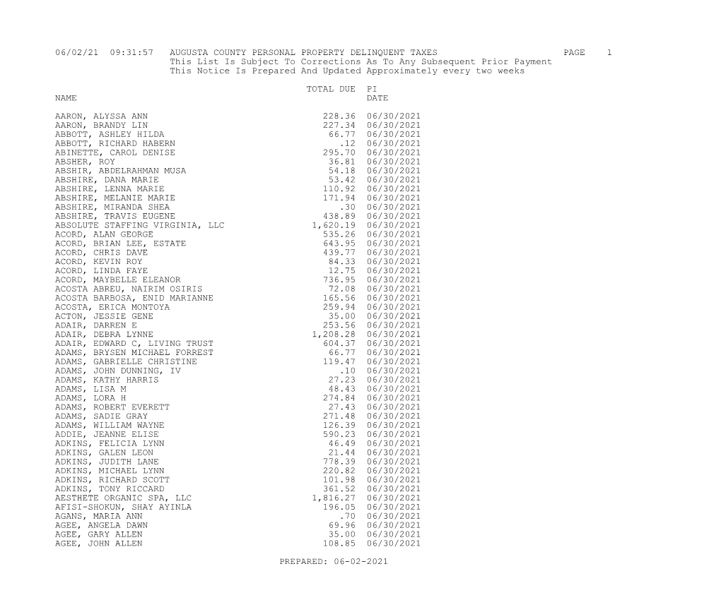 06/02/21 09:31:57 Augusta County Personal Property Delinquent Taxes