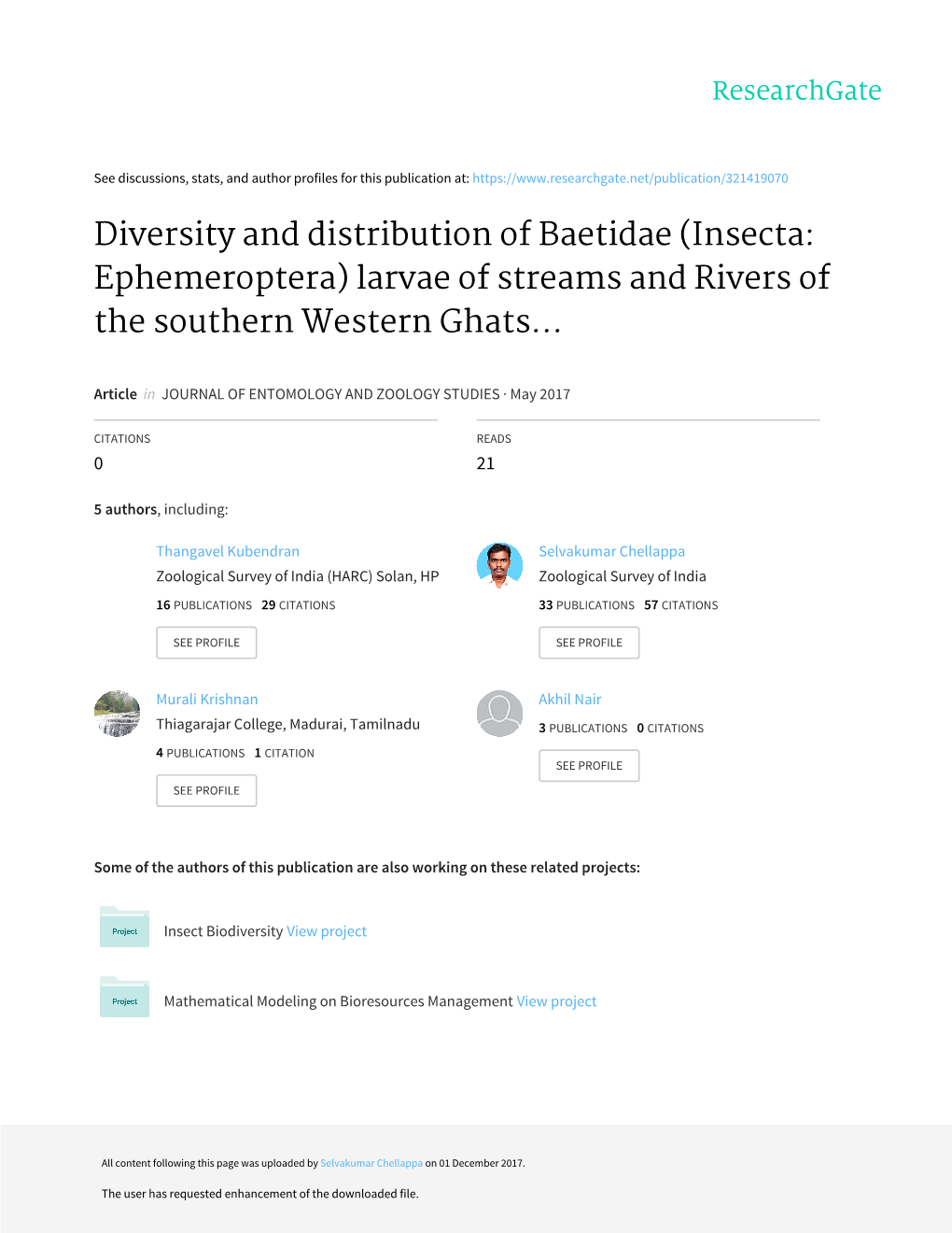 Diversity and Distribution of Baetidae (Insecta: Ephemeroptera) Larvae of Streams and Rivers of the Southern Western Ghats