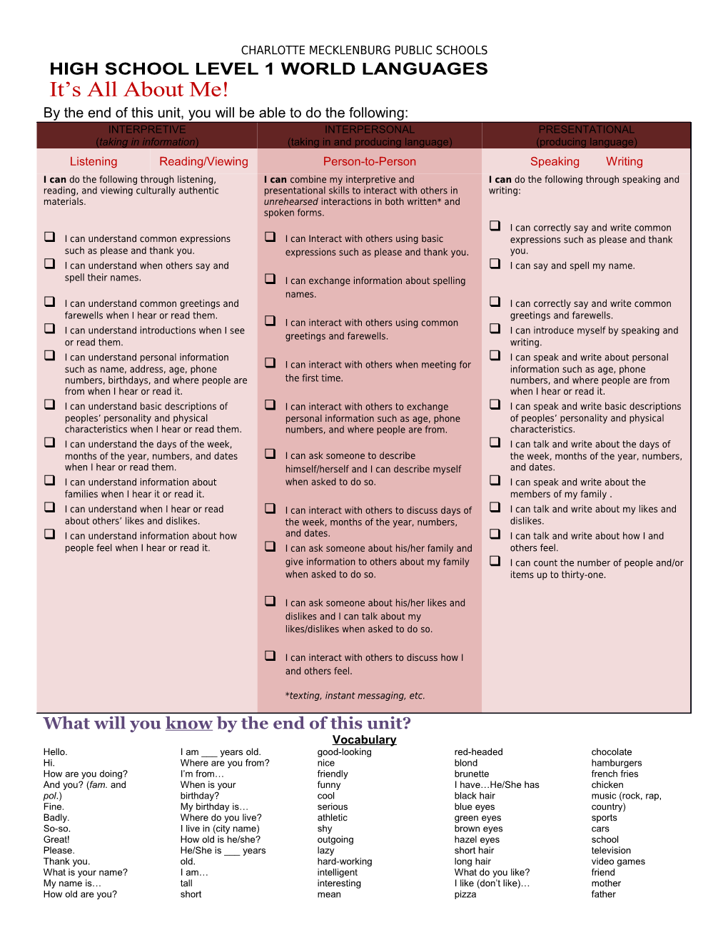 High School Level 1 World Languages