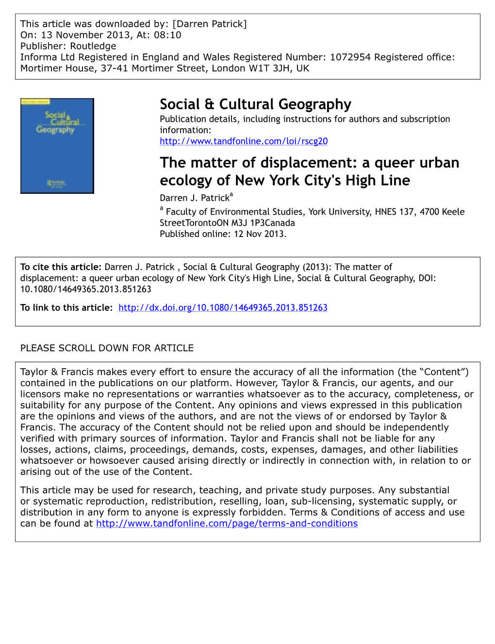 The Matter of Displacement: a Queer Urban Ecology of New York City's High Line Darren J