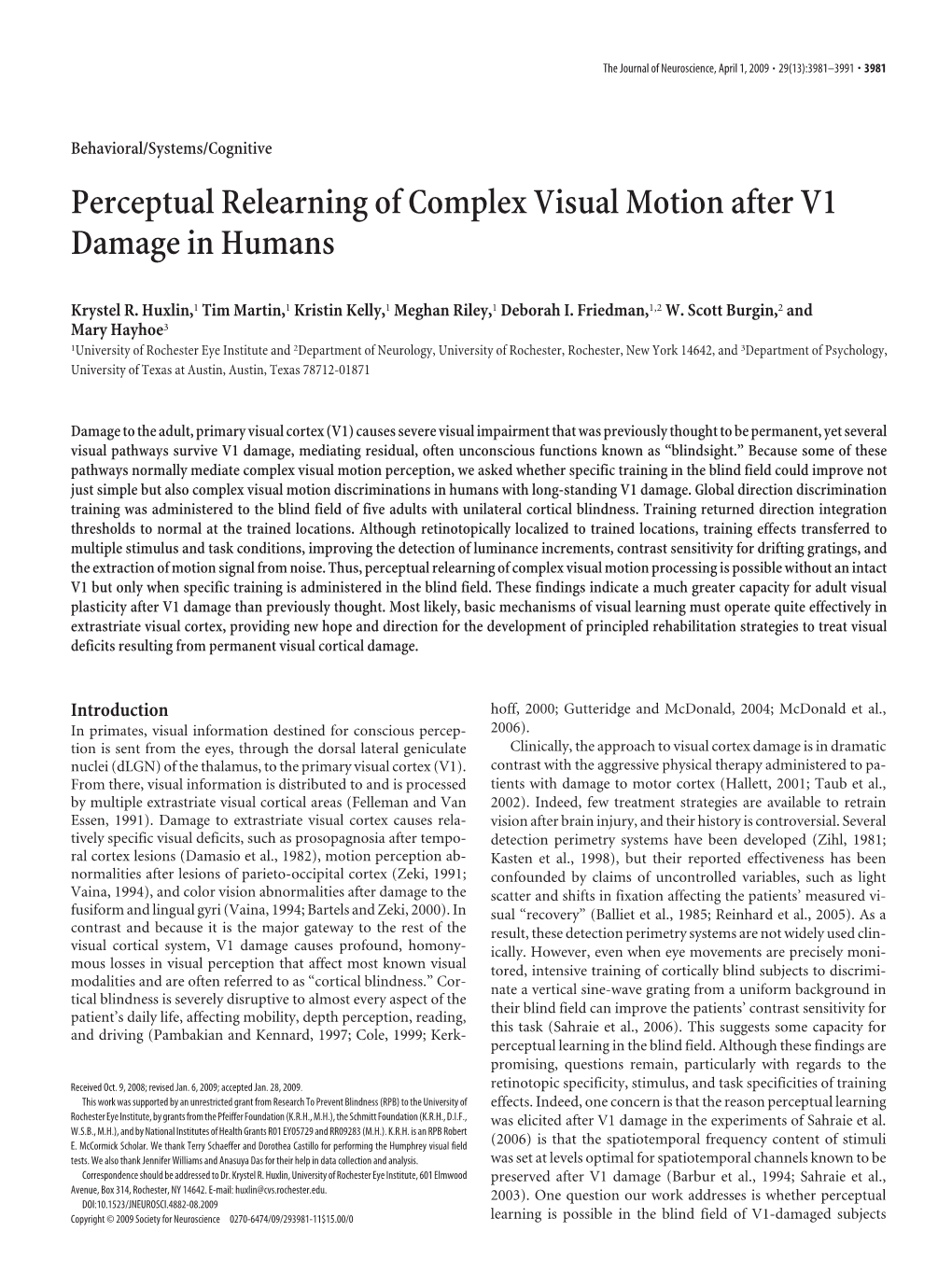 Perceptual Relearning of Complex Visual Motion After V1 Damage in Humans
