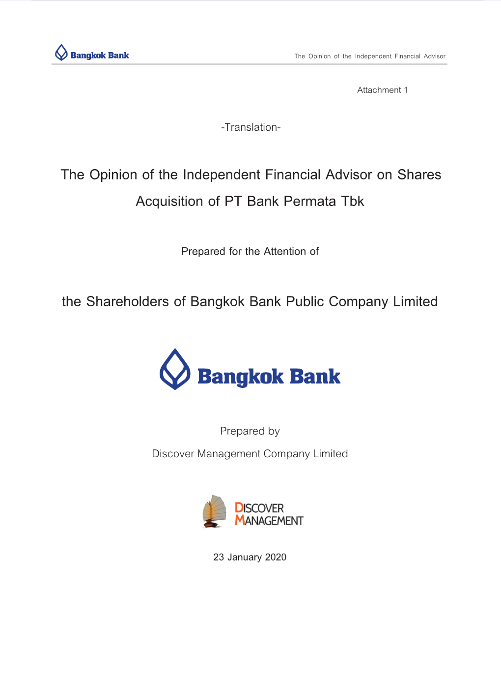 The Opinion of the Independent Financial Advisor on Shares Acquisition of PT Bank Permata Tbk