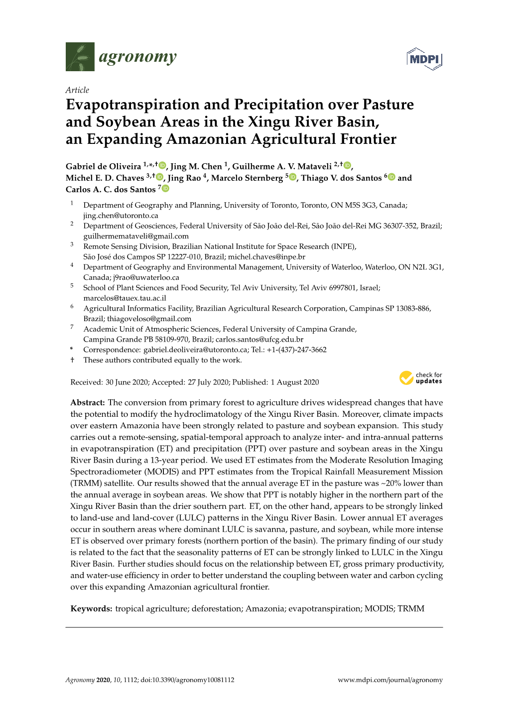 Evapotranspiration and Precipitation Over Pasture and Soybean Areas in the Xingu River Basin, an Expanding Amazonian Agricultural Frontier