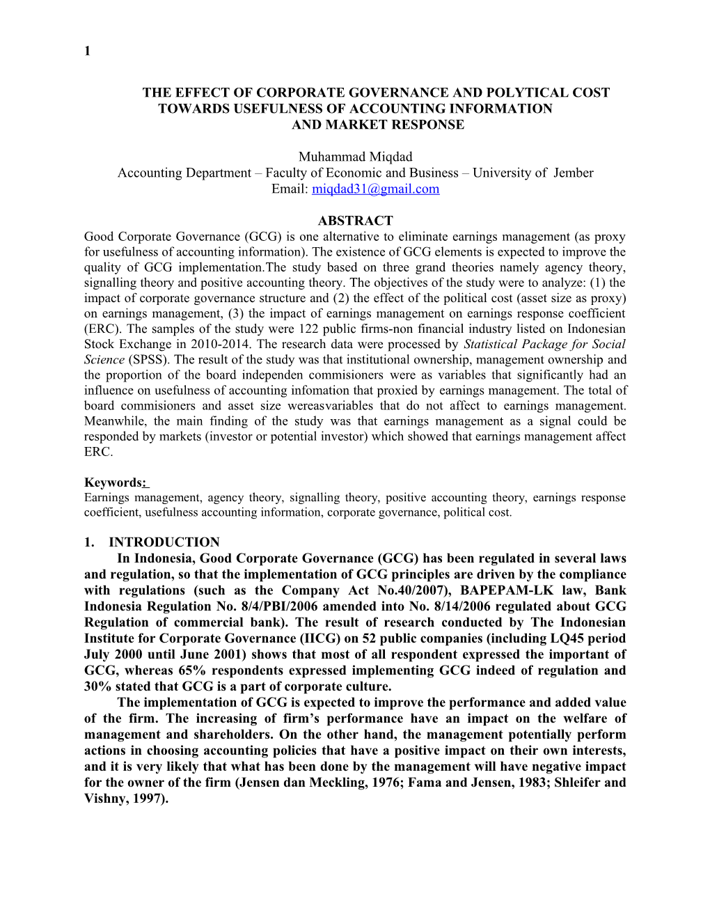 The Effect of Corporate Governance and Polytical Cost Towards Usefulness of Accounting