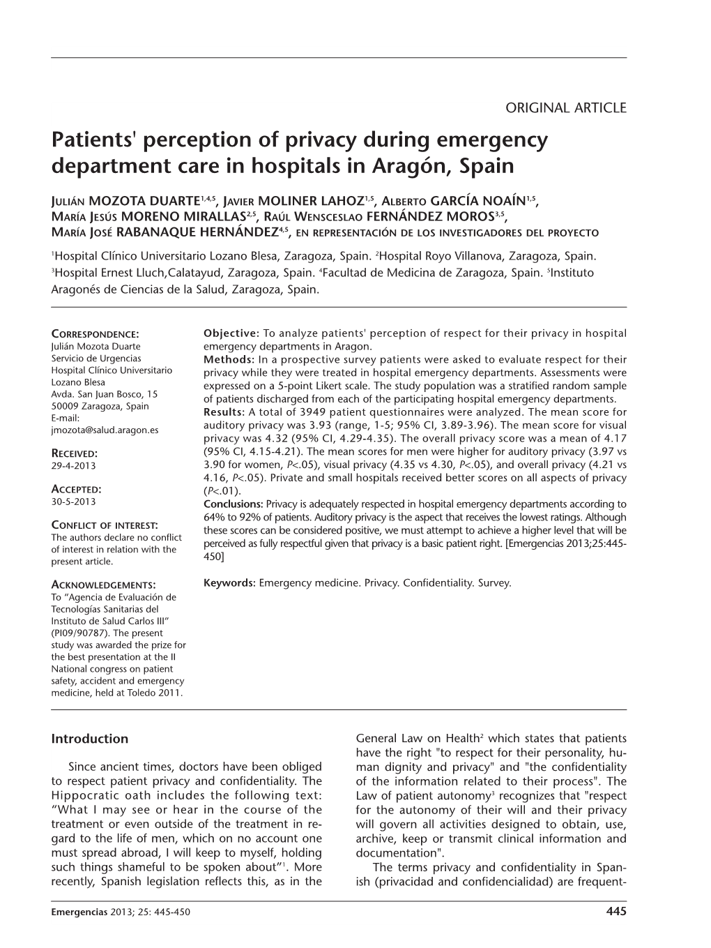 Patients' Perception of Privacy During Emergency Department Care in Hospitals in Aragón, Spain