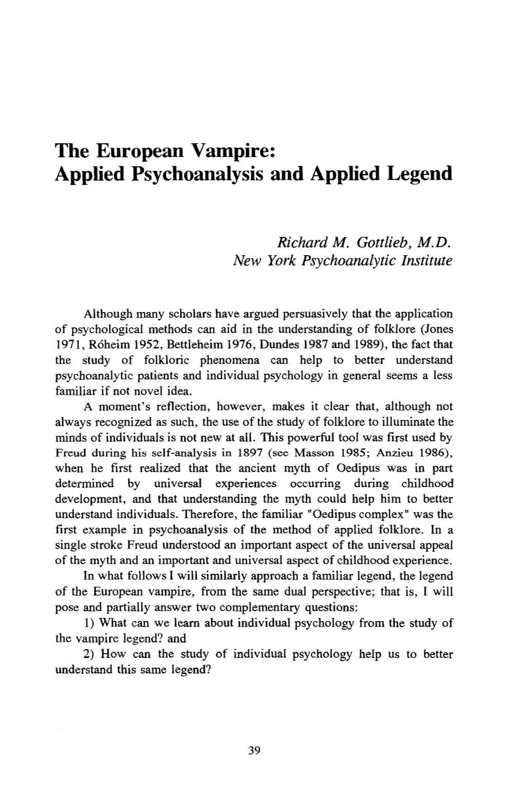 The European Vampire: Applied Psychoanalysis and Applied Legend