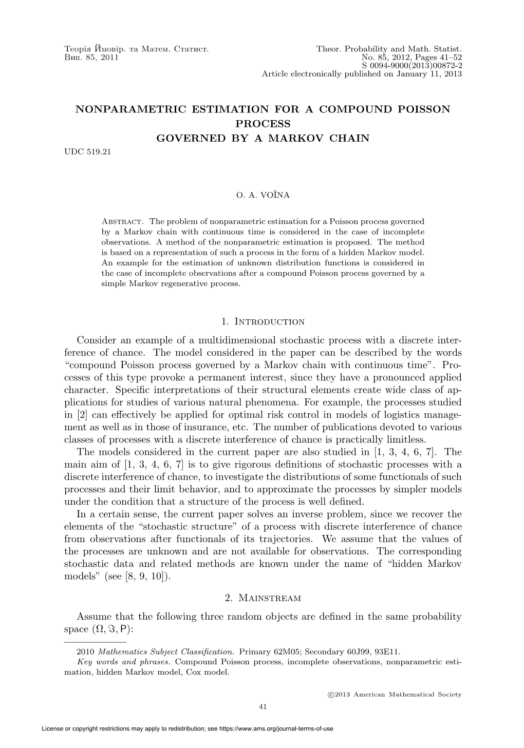 Nonparametric Estimation for a Compound Poisson Process Governed by a Markov Chain Udc 519.21