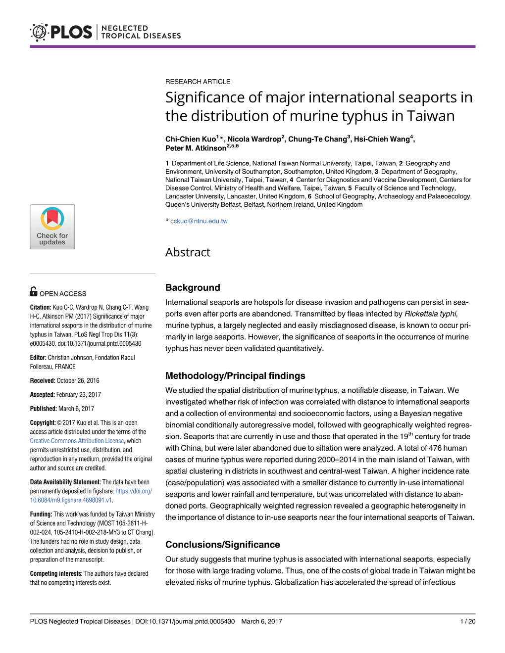 Significance of Major International Seaports in the Distribution of Murine Typhus in Taiwan