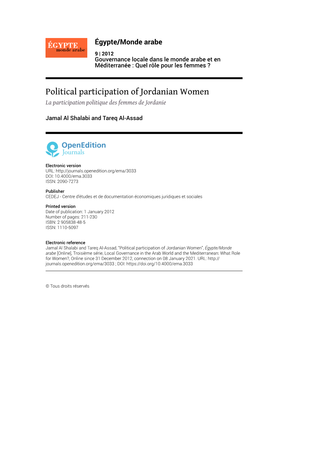 Political Participation of Jordanian Women La Participation Politique Des Femmes De Jordanie