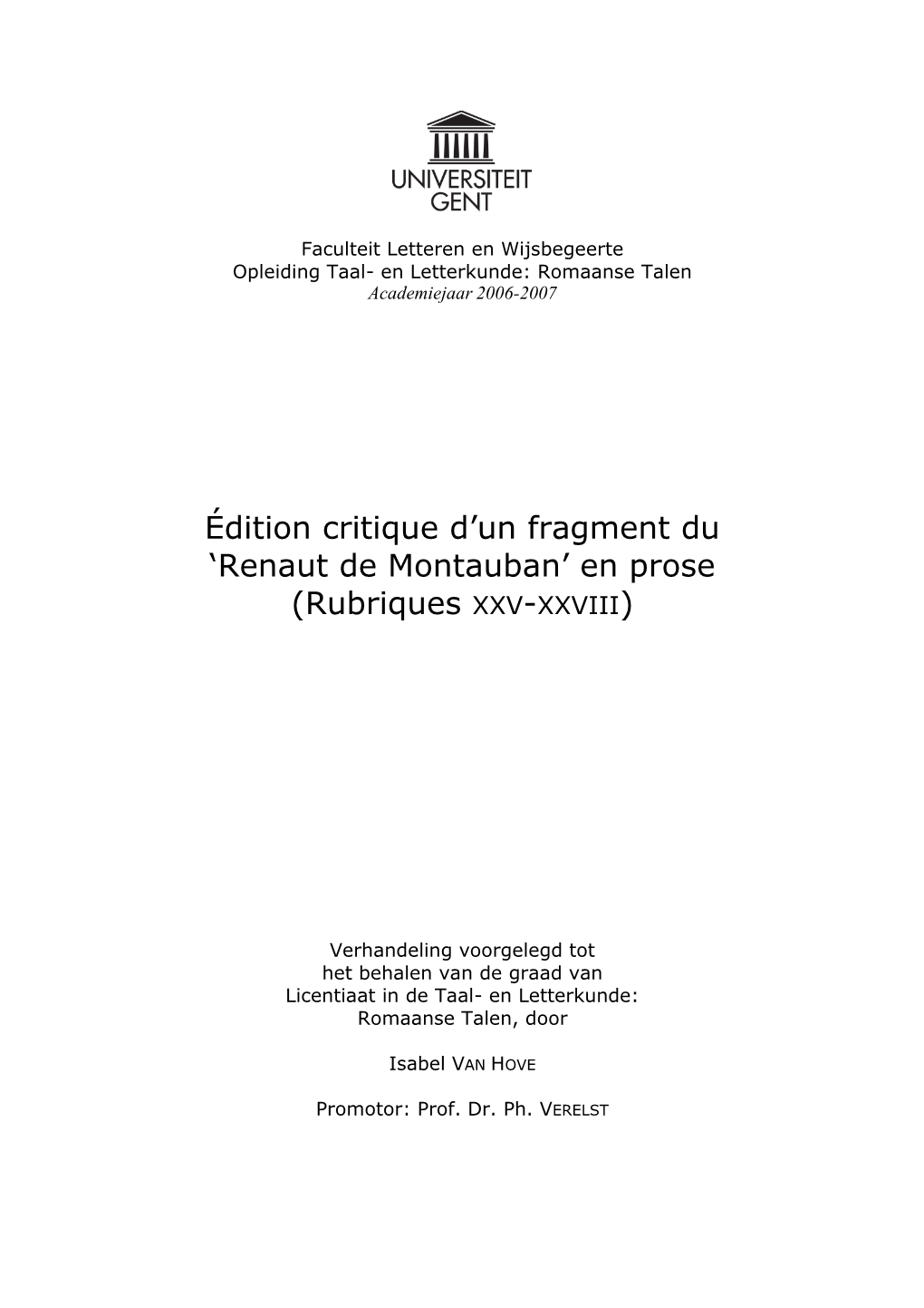 Édition Critique D'un Fragment Du 'Renaut De Montauban' En Prose (Rubriques XXV-XXVIII)