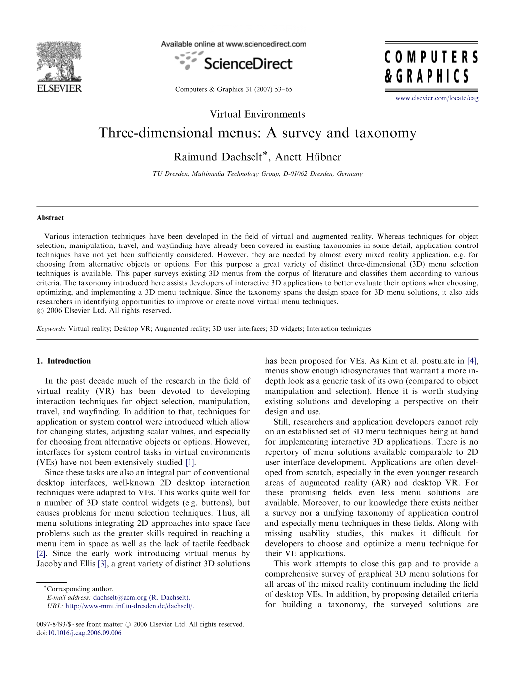 Three-Dimensional Menus: a Survey and Taxonomy