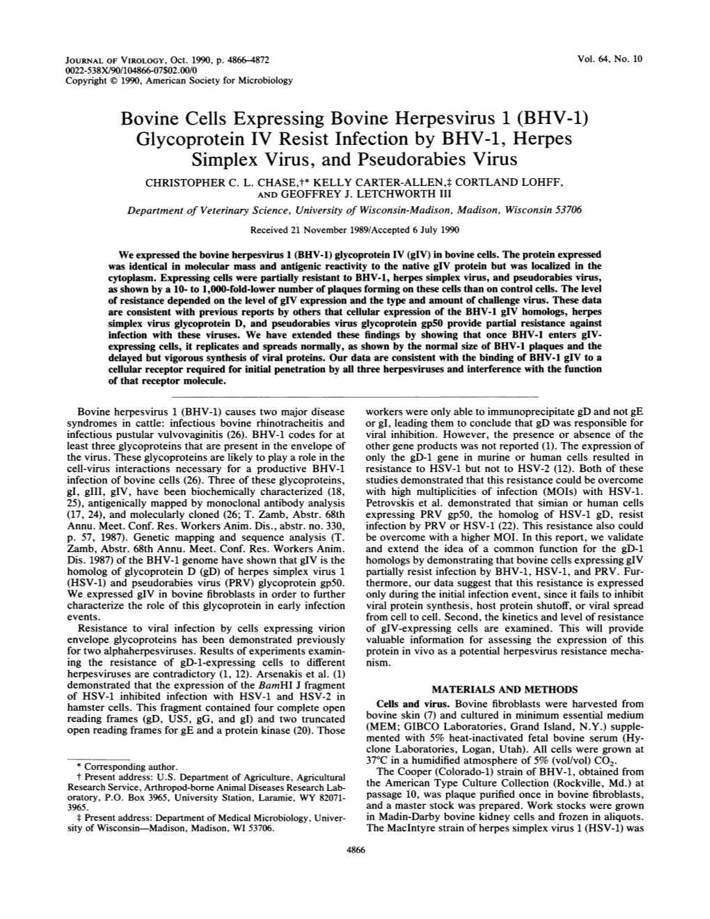 Bovine Cells Expressing Bovine Herpesvirus 1 (BHV-1) Glycoprotein IV Resist Infection by BHV-1, Herpes Simplex Virus, and Pseudorabies Virus CHRISTOPHER C