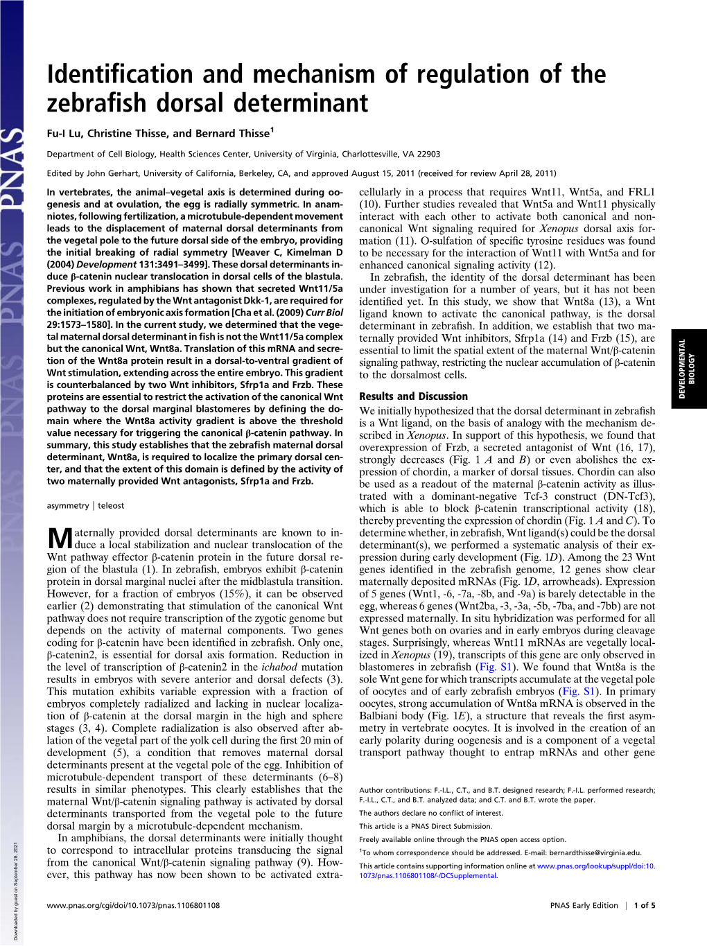 Identification and Mechanism of Regulation of the Zebrafish Dorsal