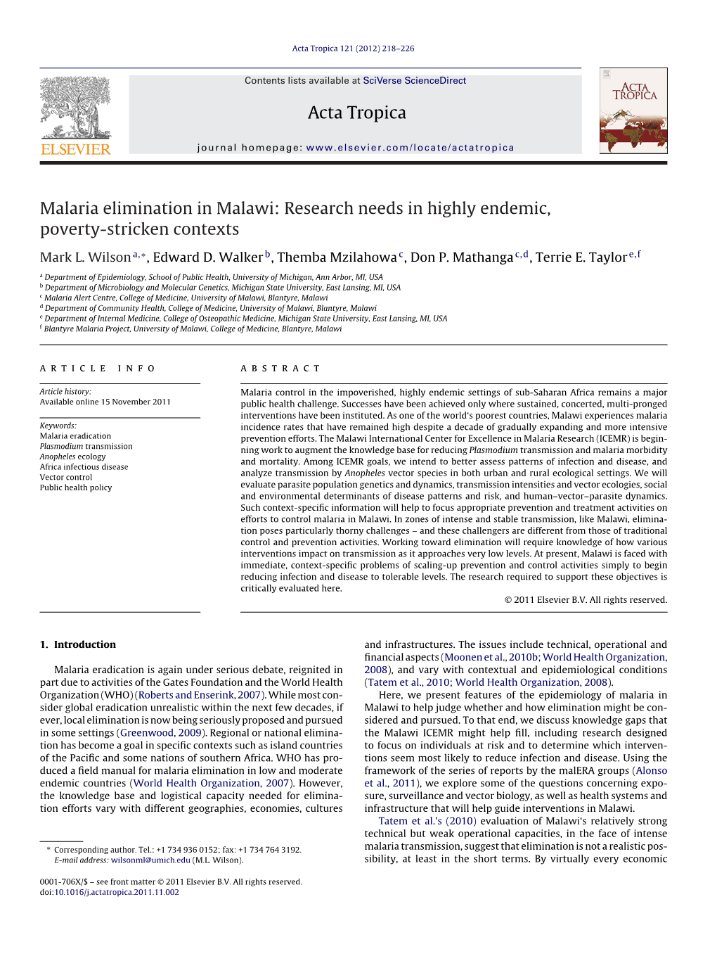 Malaria Elimination in Malawi: Research Needs in Highly Endemic