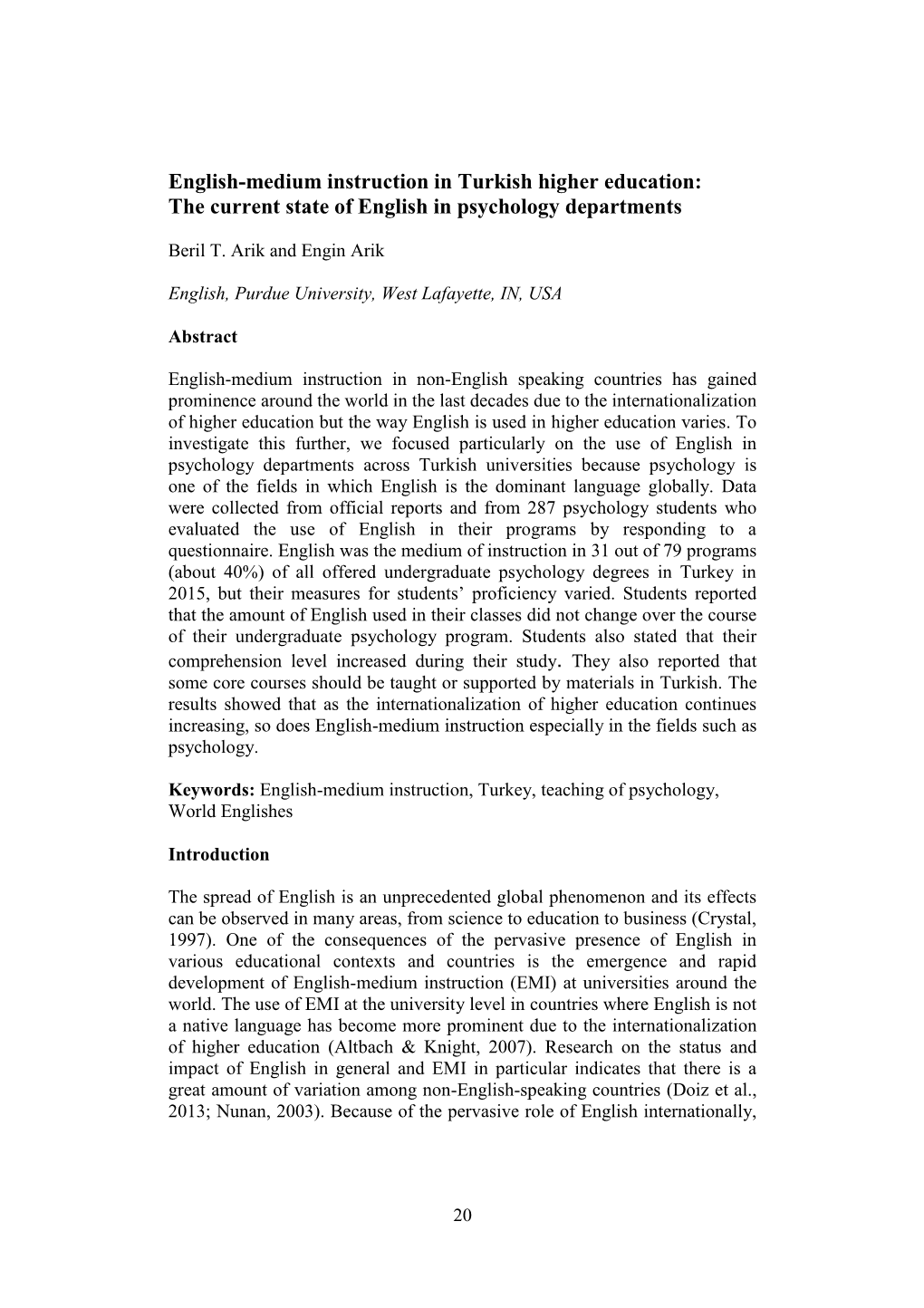 English-Medium Instruction in Turkish Higher Education: the Current State of English in Psychology Departments