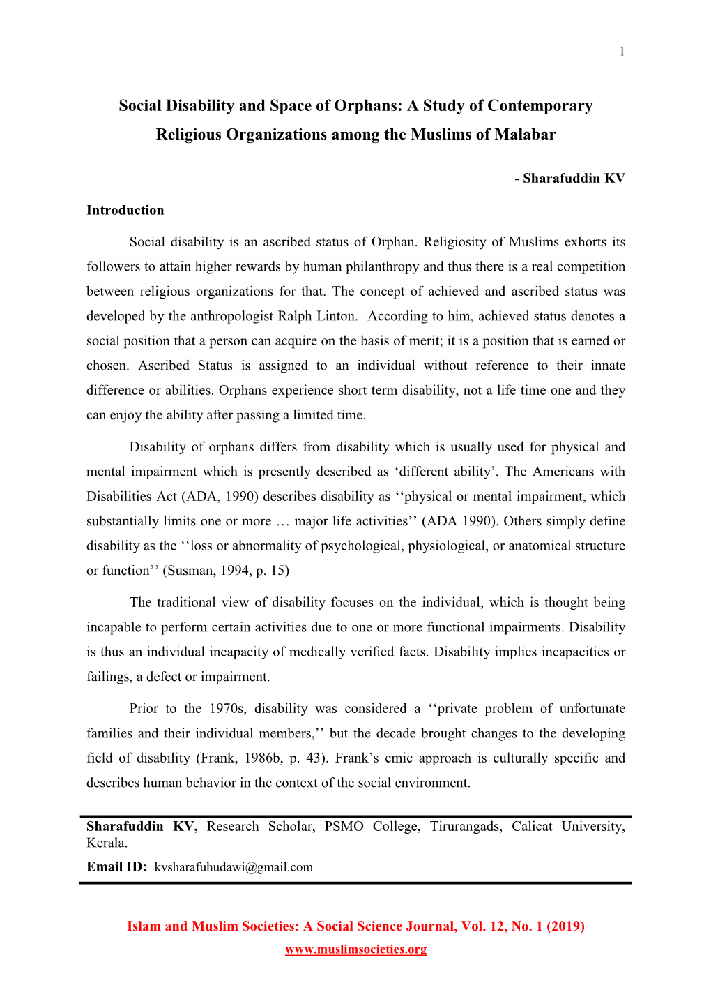 Social Disability and Space of Orphans: a Study of Contemporary Religious Organizations Among the Muslims of Malabar