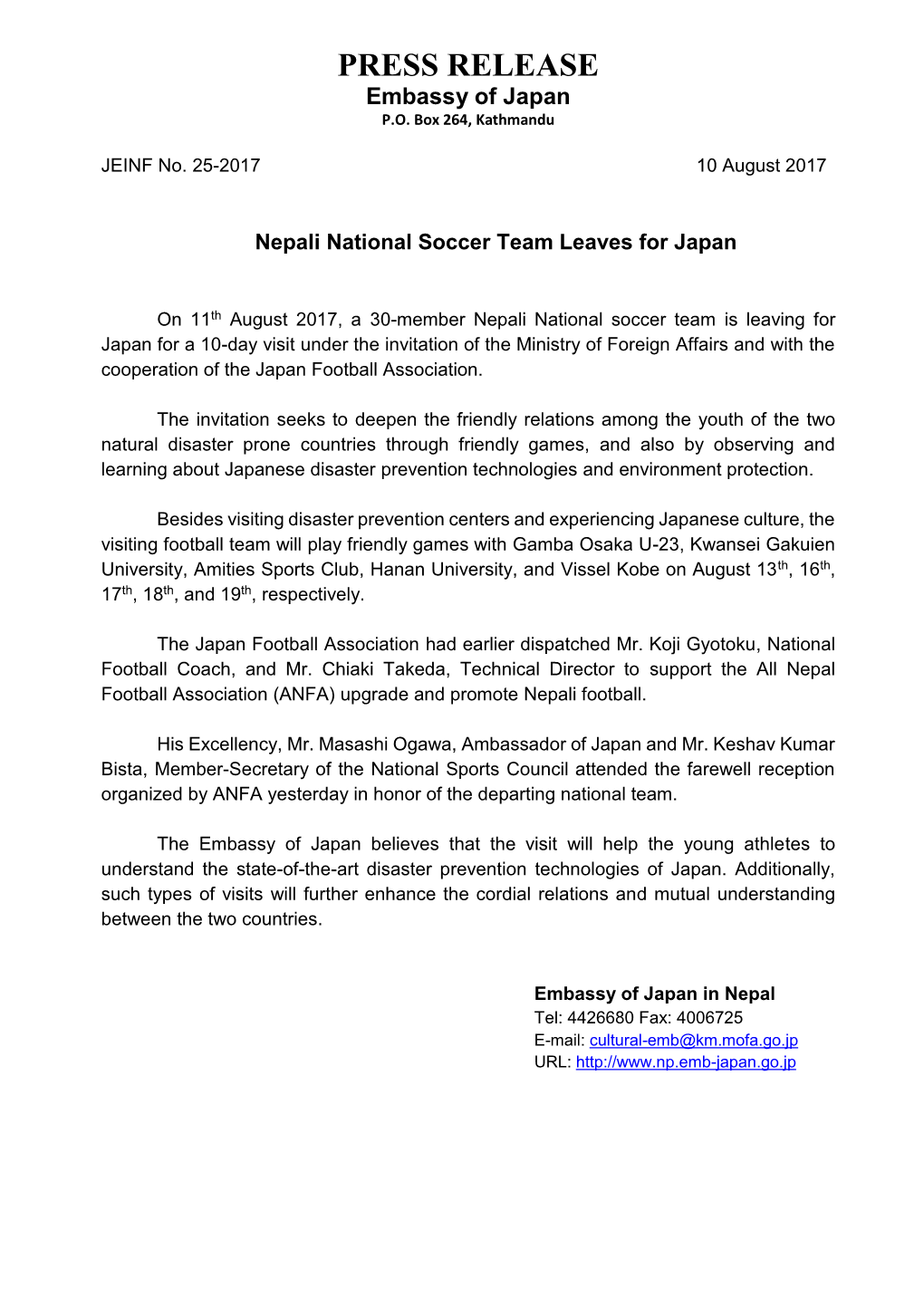 PRESS RELEASE Embassy of Japan P.O