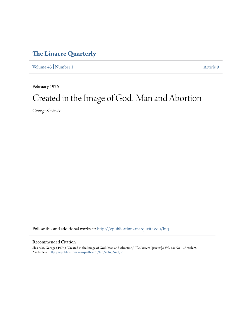 Created in the Image of God: Man and Abortion George Slesinski