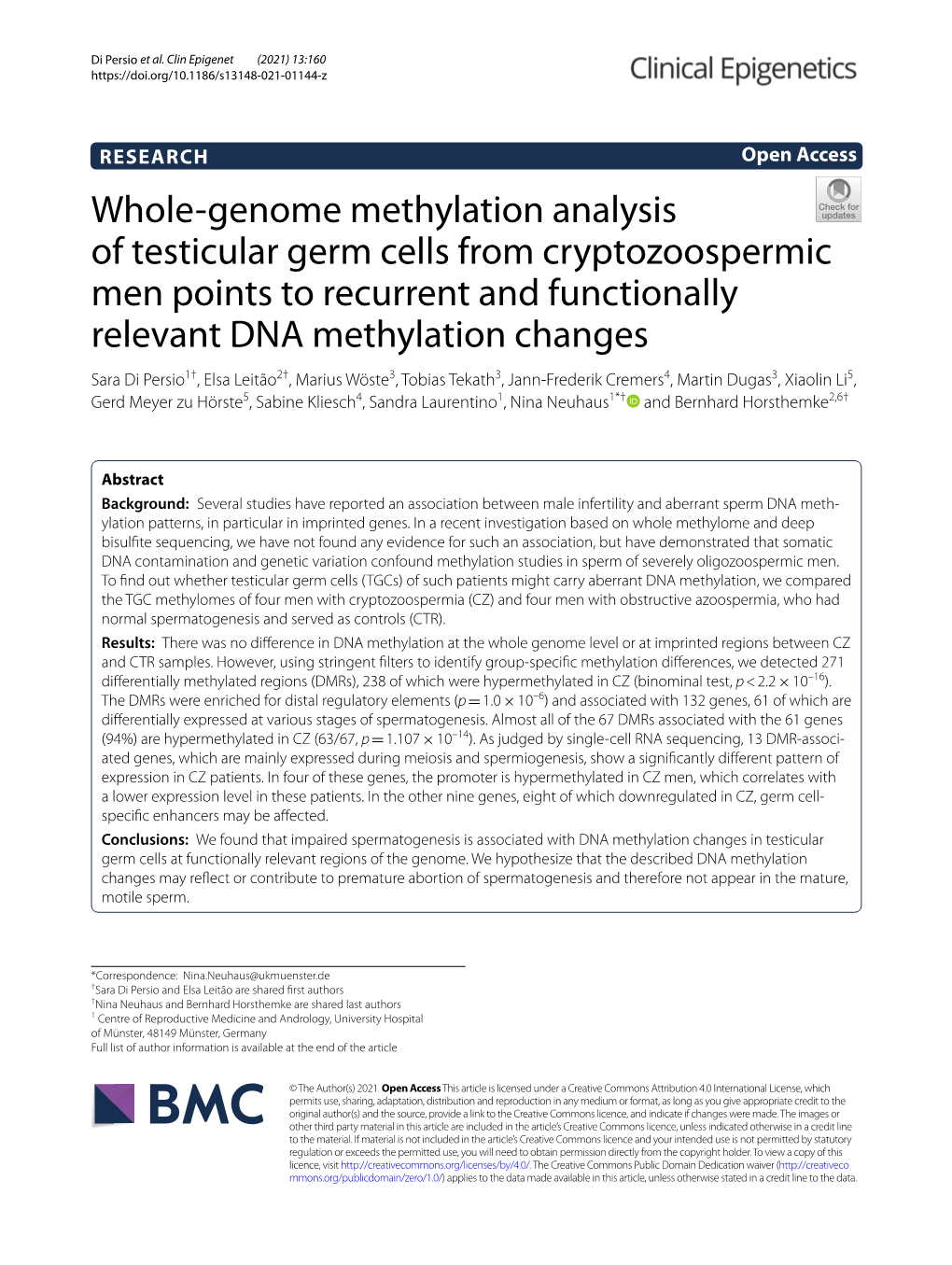 Whole-Genome Methylation Analysis of Testicular Germ Cells From