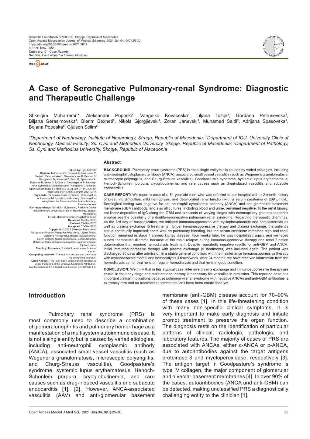 A Case of Seronegative Pulmonary-Renal Syndrome: Diagnostic and Therapeutic Challenge
