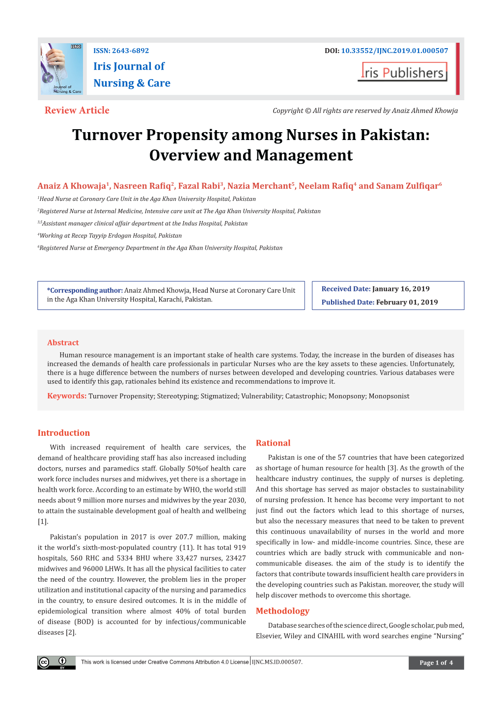 Turnover Propensity Among Nurses in Pakistan: Overview and Management