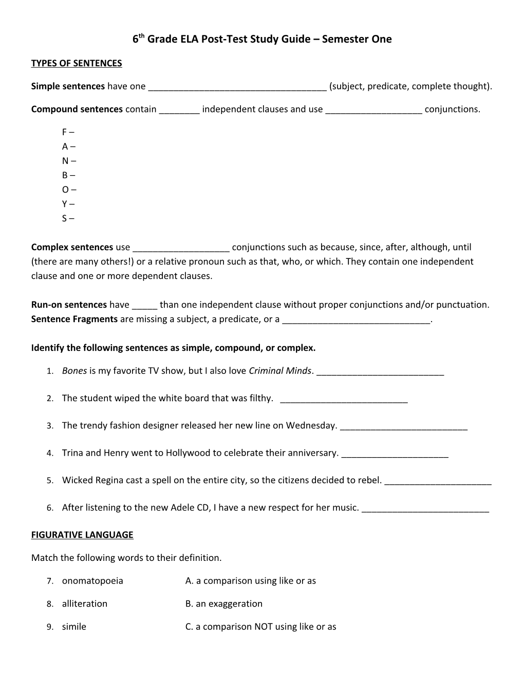 6Th Grade ELA Post-Test Study Guide Semester One