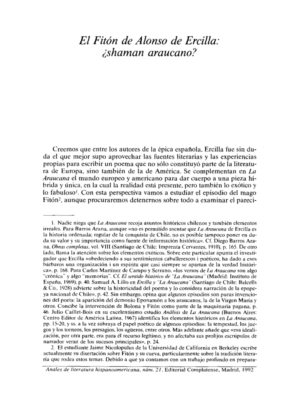 El Fitón De Alonso De Ercilla: ¿Shaman Araucano?