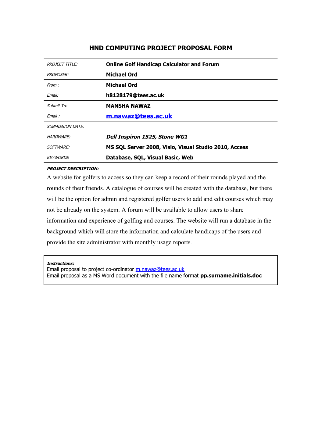 Hnd Computing Project Proposal Form