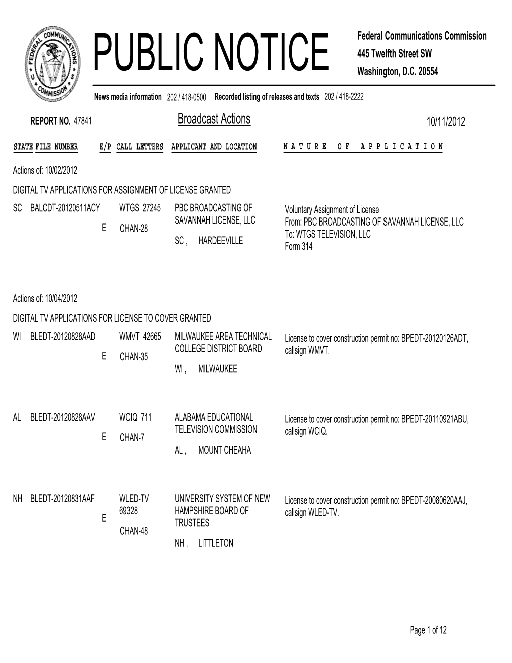 Broadcast Actions 10/11/2012