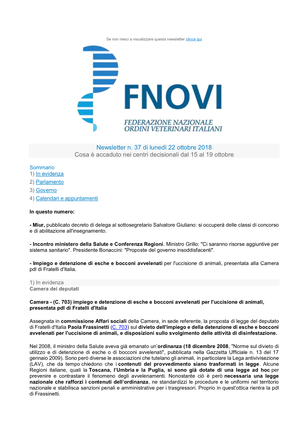 Newsletter N. 37 Di Lunedì 22 Ottobre 2018 Cosa È Accaduto Nei Centri Decisionali Dal 15 Al 19 Ottobre