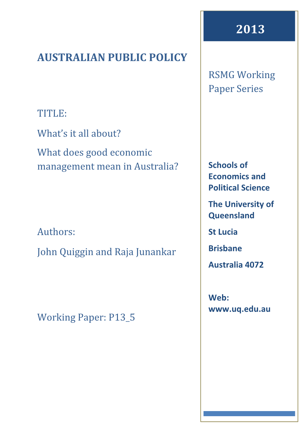 AUSTRALIAN PUBLIC POLICY RSMG2011 Working Paper Series