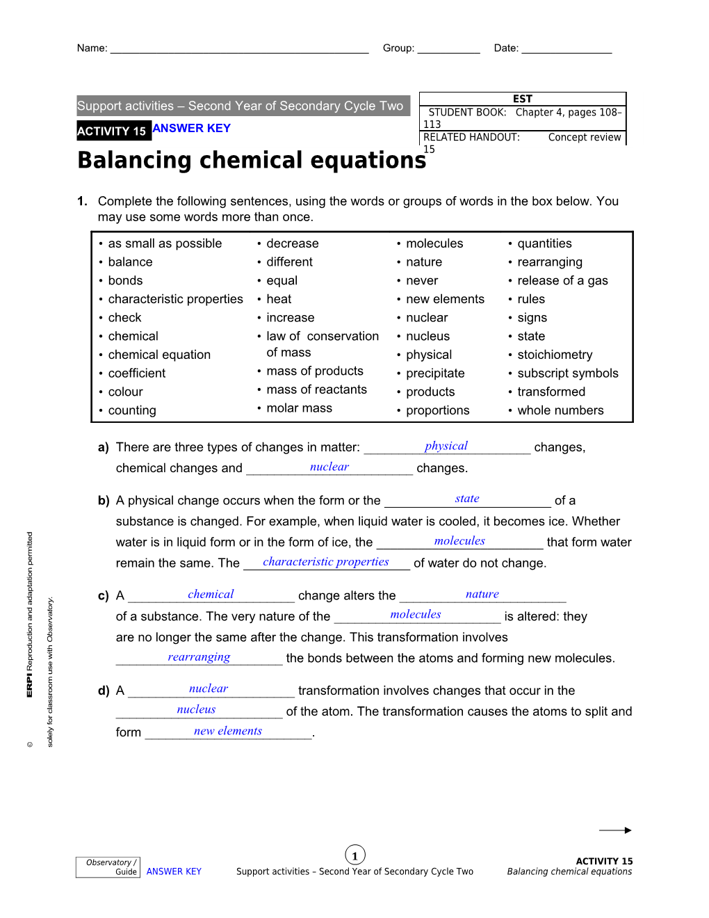 Le Balancement D Équations Chimiques