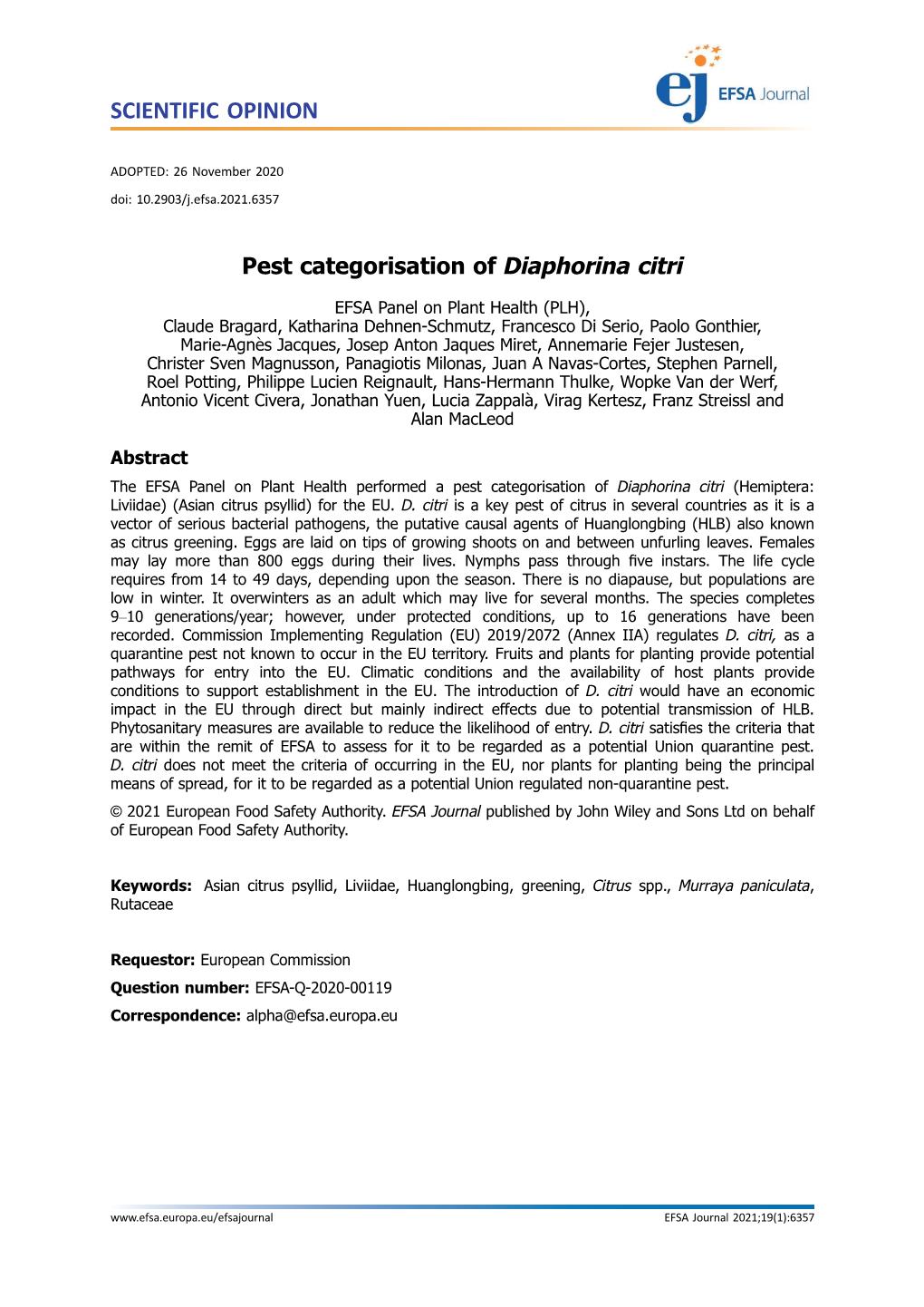 Pest Categorisation of Diaphorina Citri