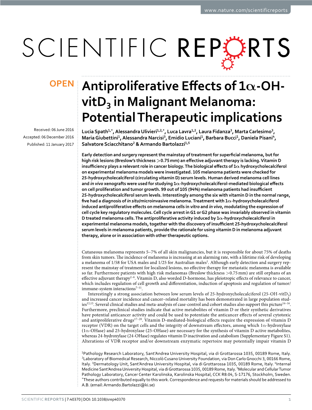 Antiproliferative Effects of 1Α-OH-Vitd3 in Malignant Melanoma: Potential Therapeutic Implications