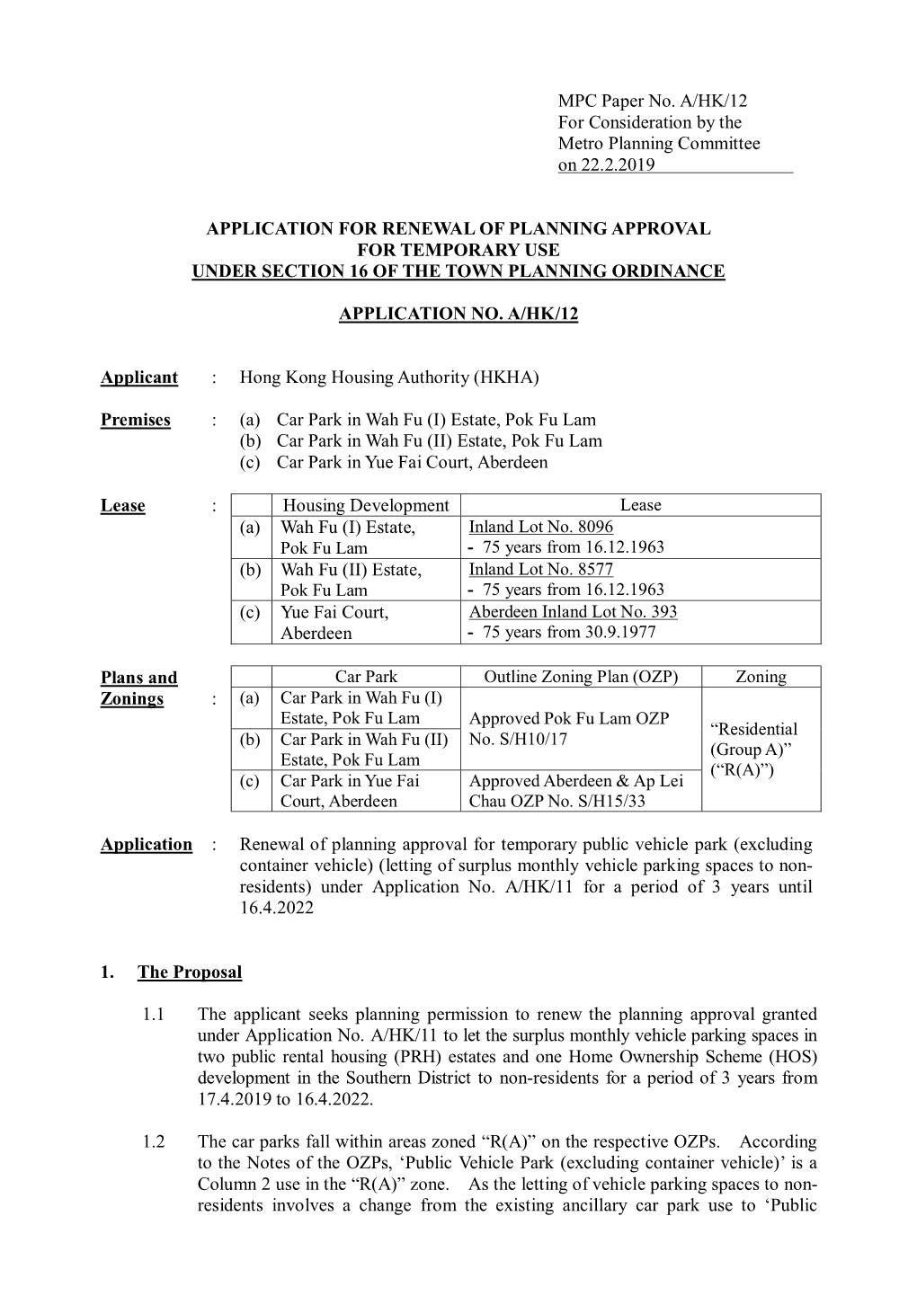 MPC Paper No. A/HK/12 for Consideration by the Metro Planning Committee on 22.2.2019