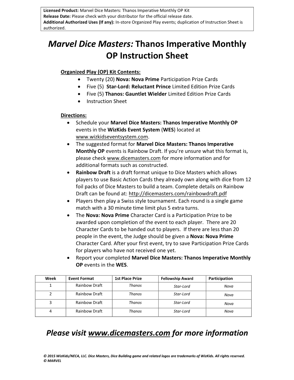 Marvel Dice Masters: Thanos Imperative Monthly OP Instruction Sheet