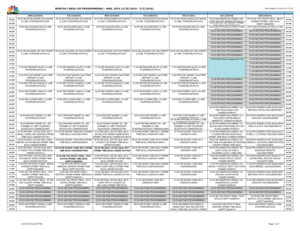 (US PROGRAMMING) - MAR, 2019 (2/25/2019 - 3/3/2019) Date Updated:1/31/2019 5:41:51 PM