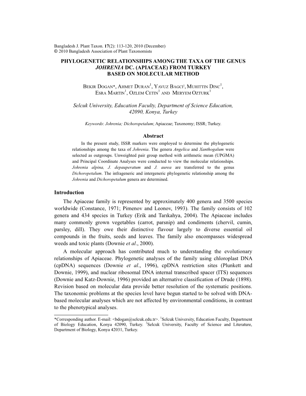 Phylogenetic Relationships Among the Taxa of the Genus Johrenia Dc