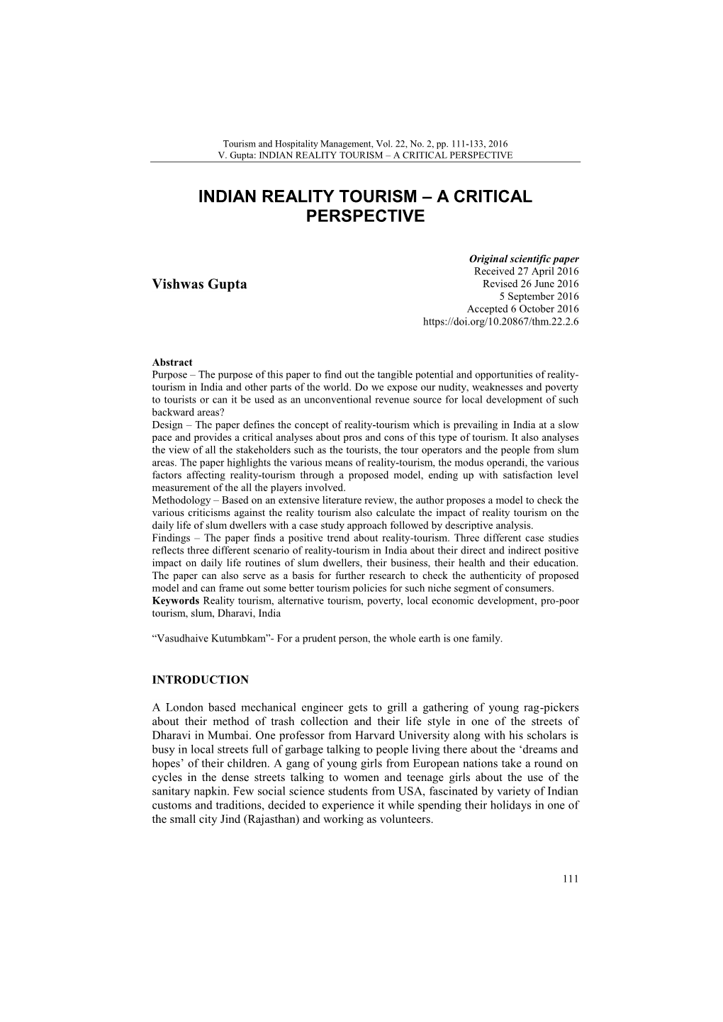 Indian Reality Tourism – a Critical Perspective