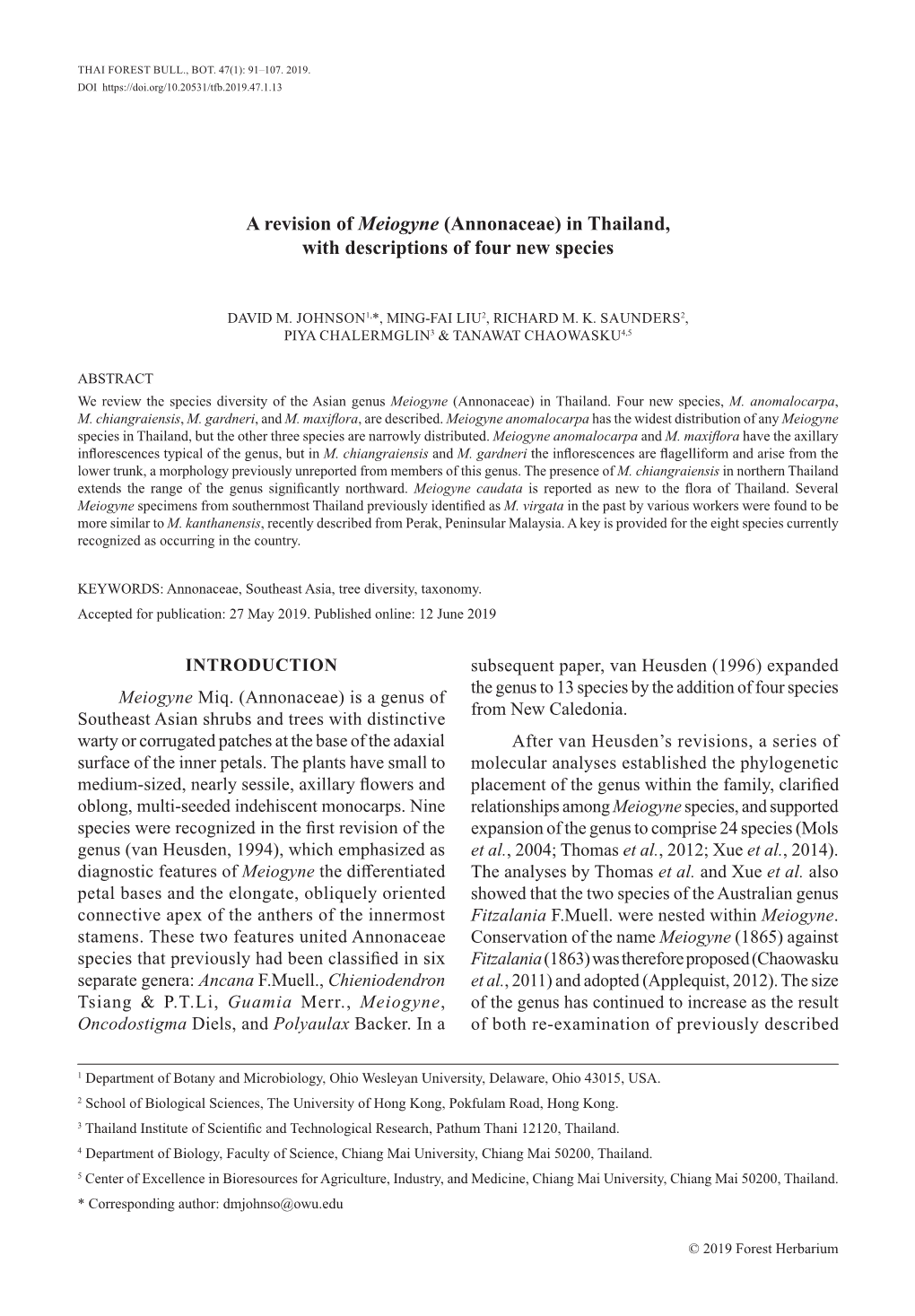 A Revision of Meiogyne (Annonaceae) in Thailand, with Descriptions of Four New Species