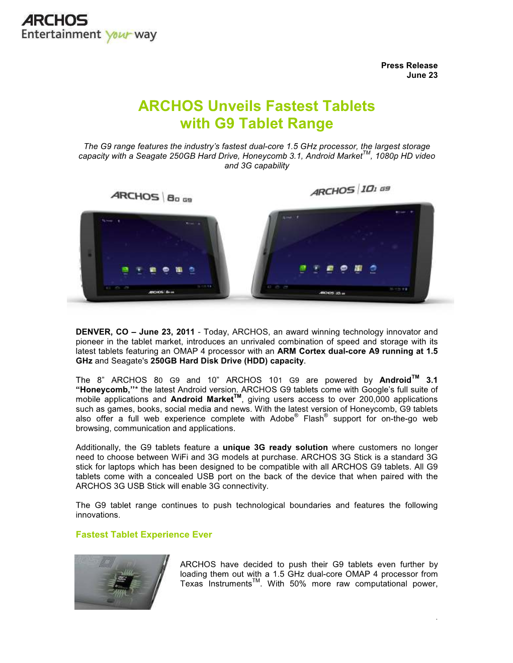 ARCHOS Unveils Fastest Tablets with G9 Tablet Range