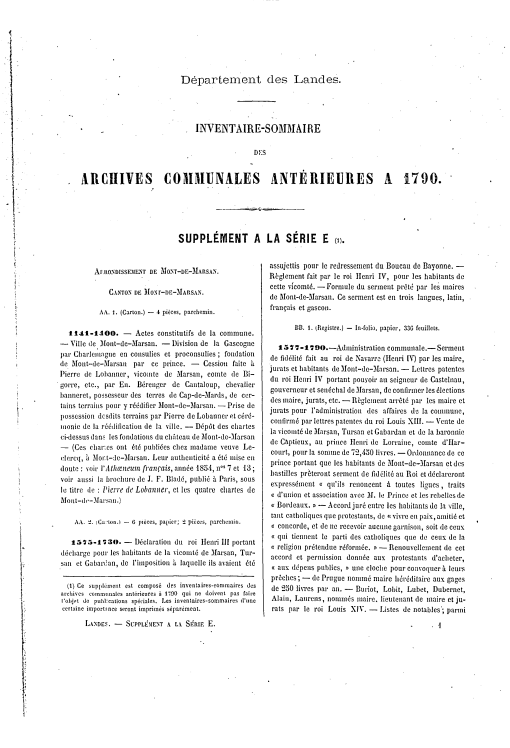 Répertoire Des Archives Communales Antérieures À 1940 Déposées