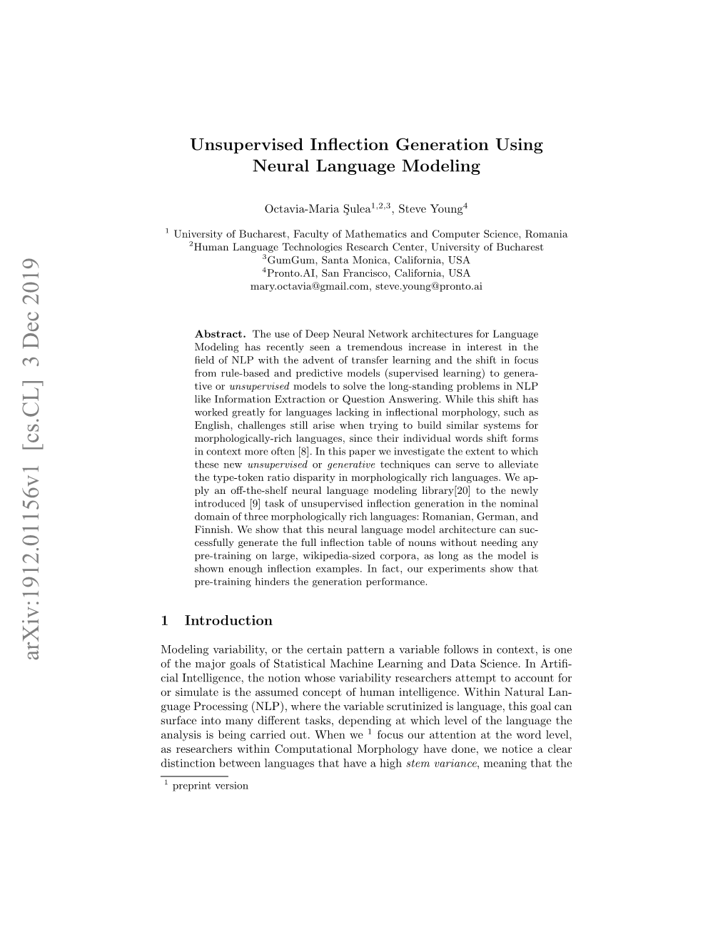 Arxiv:1912.01156V1 [Cs.CL] 3 Dec 2019 of the Major Goals of Statistical Machine Learning and Data Science