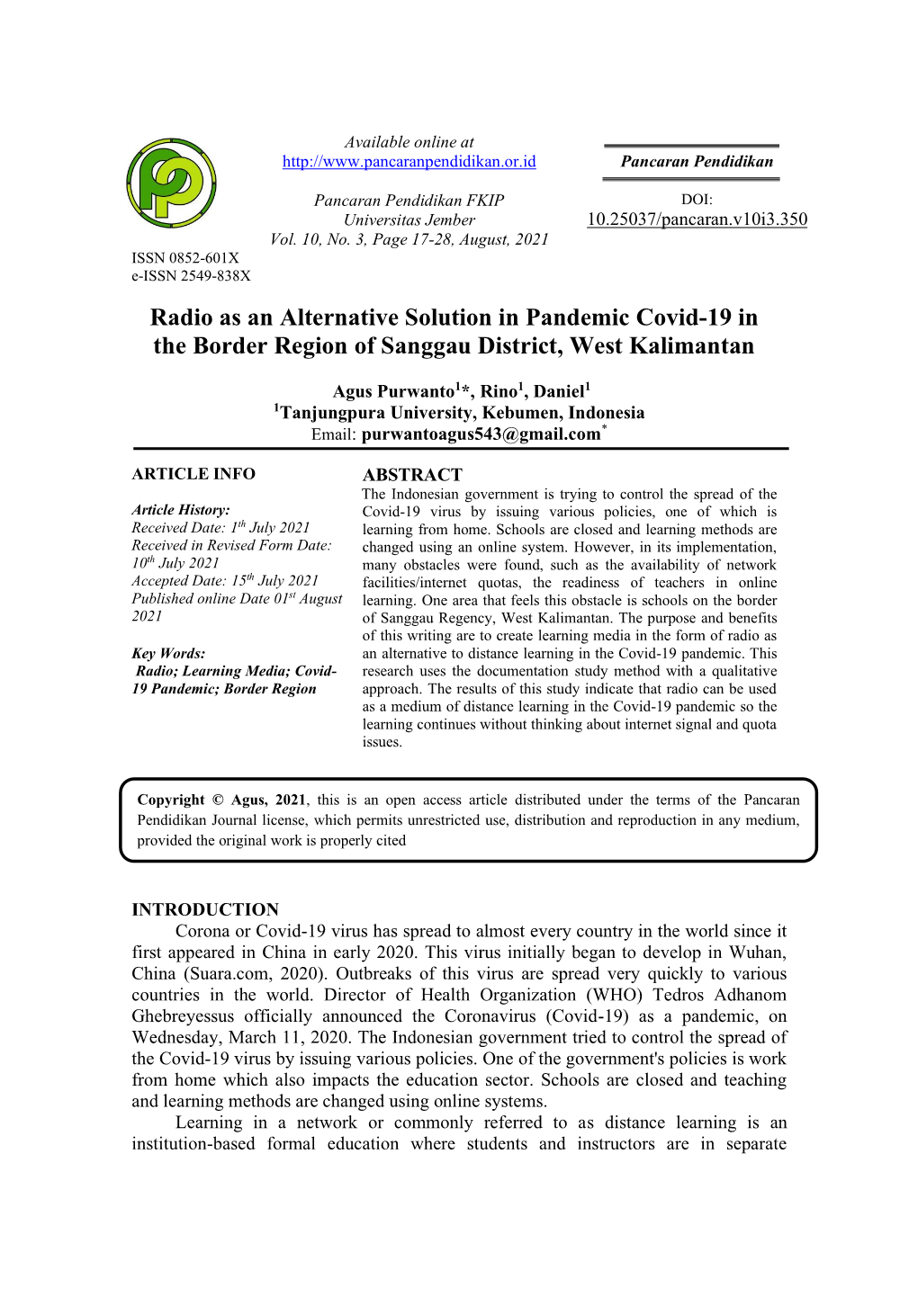 Radio As an Alternative Solution in Pandemic Covid-19 in the Border Region of Sanggau District, West Kalimantan