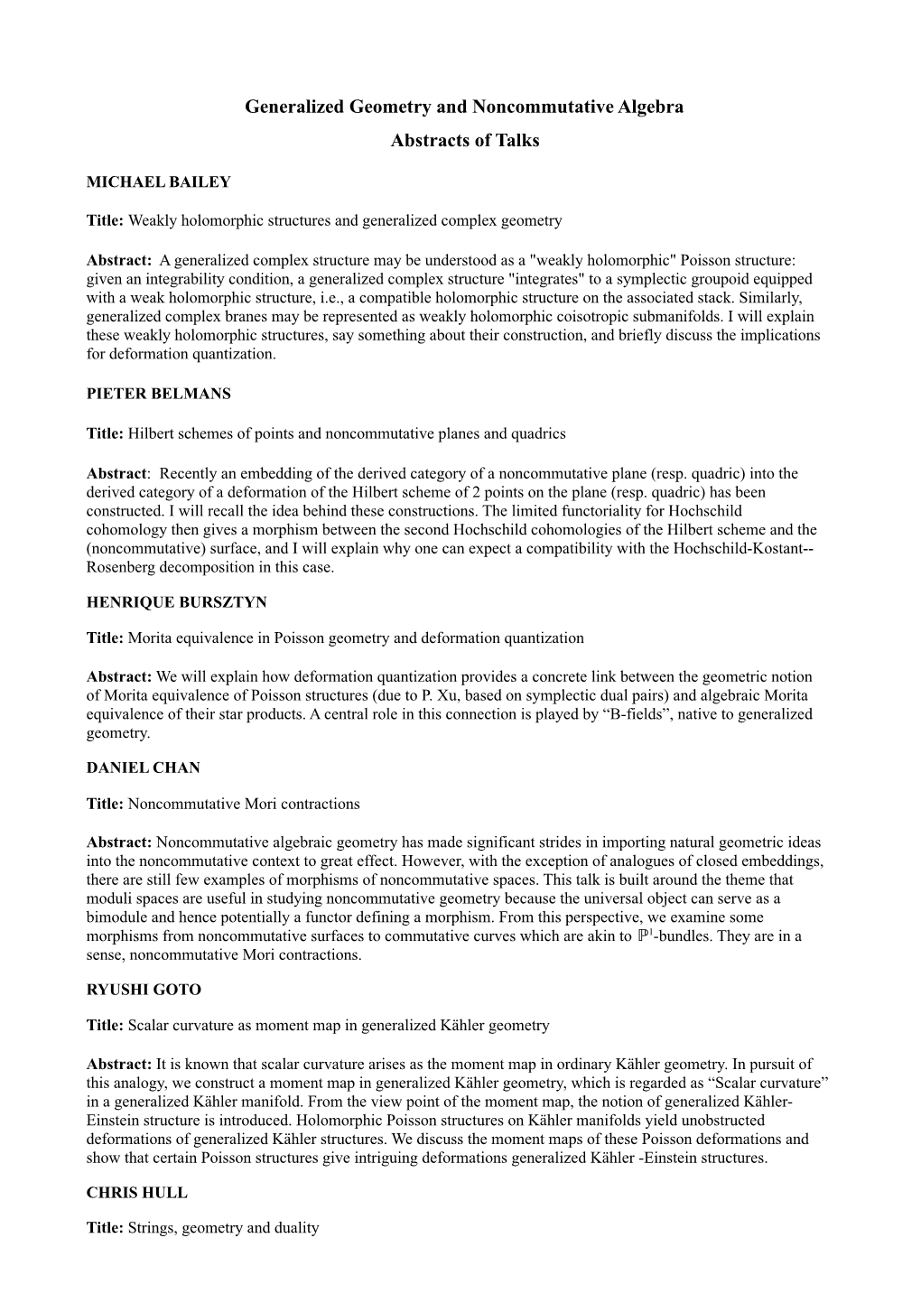 Generalized Geometry and Noncommutative Algebra Abstracts of Talks