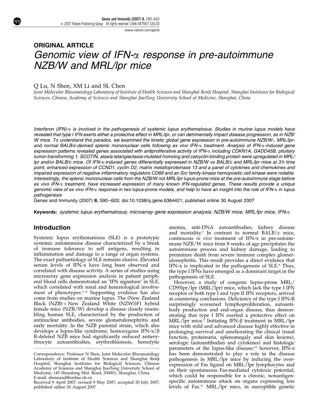 Genomic View of IFN-Α Response in Pre-Autoimmune NZB/W and MRL