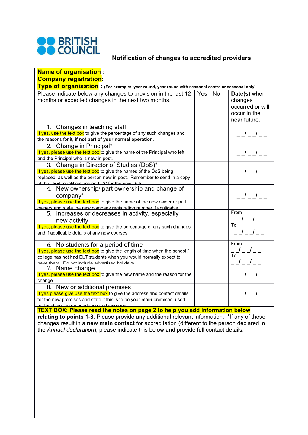 Notification of Changes to Accredited Providers