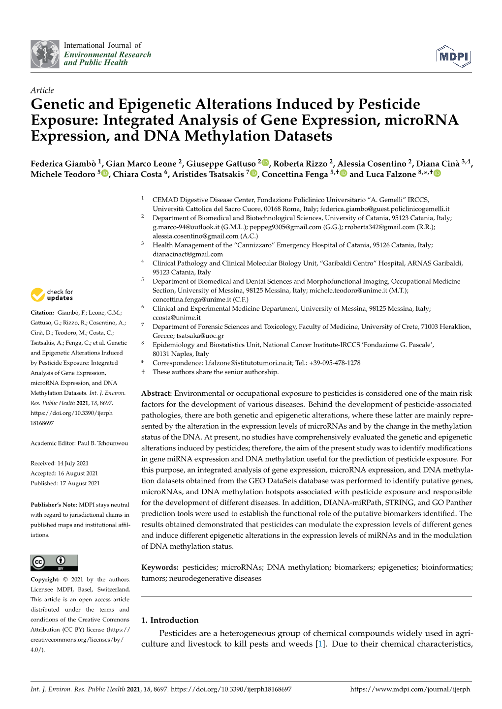 Genetic and Epigenetic Alterations Induced by Pesticide Exposure: Integrated Analysis of Gene Expression, Microrna Expression, and DNA Methylation Datasets