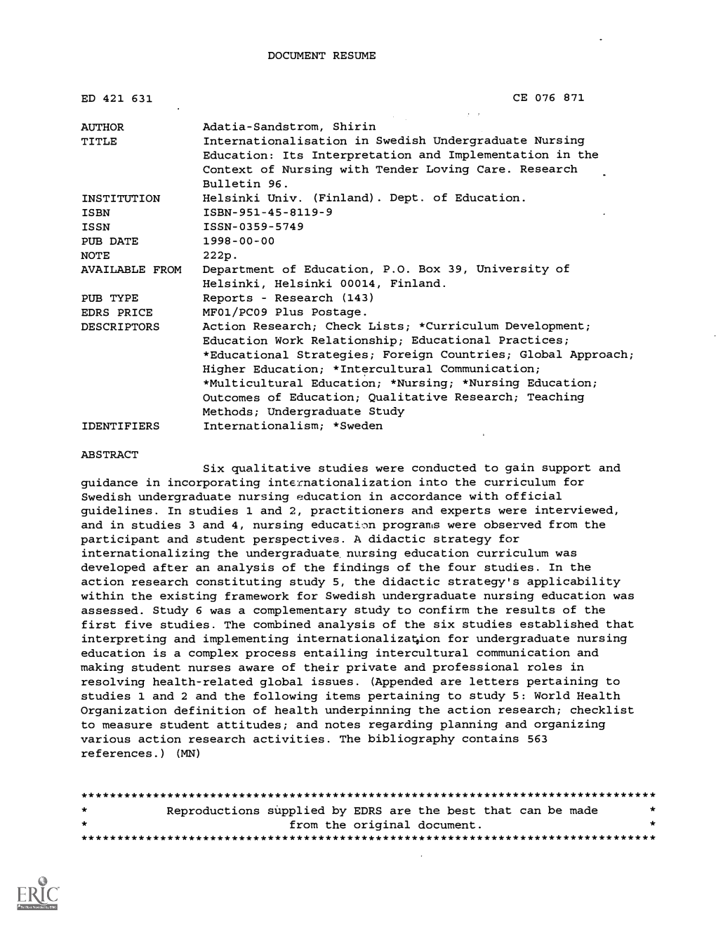 Internationalisation in Swedish Undergraduate Nursing Education: Its Interpretation and Implementation in the Context of Nursing with Tender Loving Care